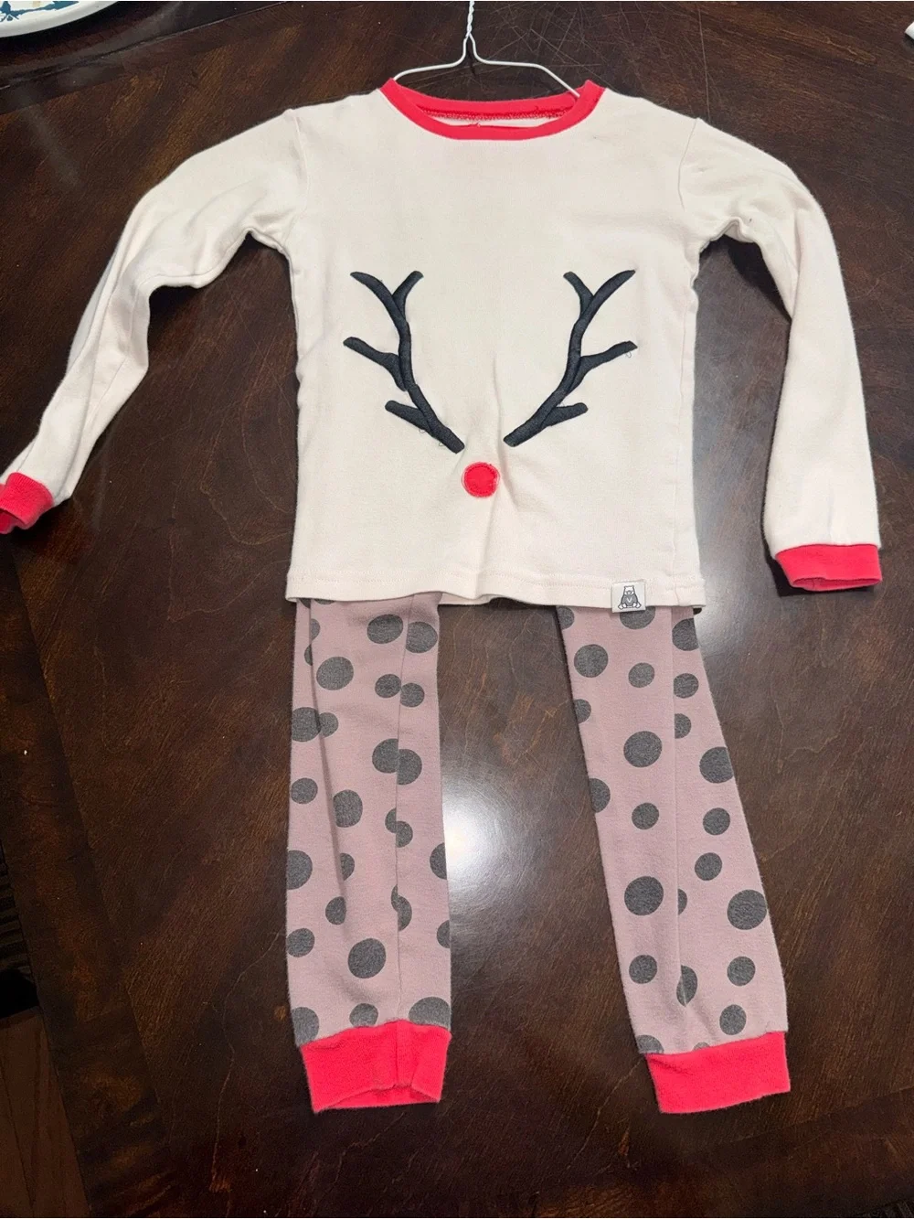 Kids Reindeer Pajama Set - Cream Top with Pink Polka Dot Pants